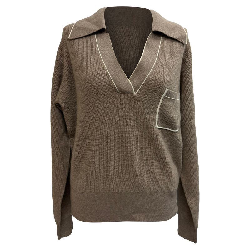 Sandro Knitted Collared Sweater In Brown Wool